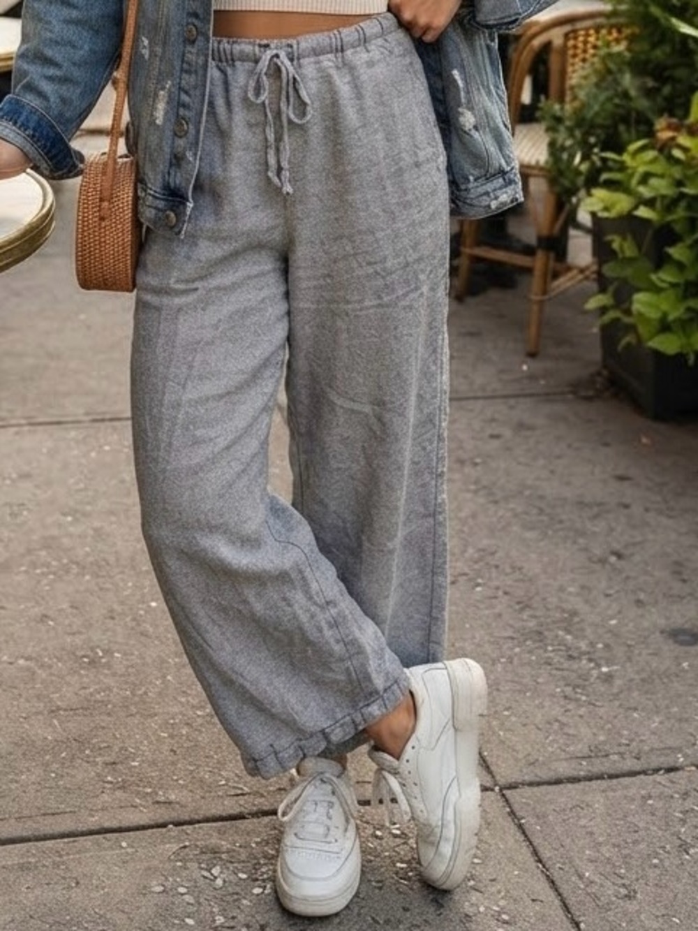 Rachel Zoe Grey Olive Green Linen Blend Wide Leg Drawstring Pants Boho Relaxed